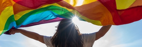 A person holding a rainbow Pride flag outdoors on a sunny day