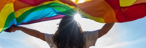 A person holding a rainbow Pride flag outdoors on a sunny day