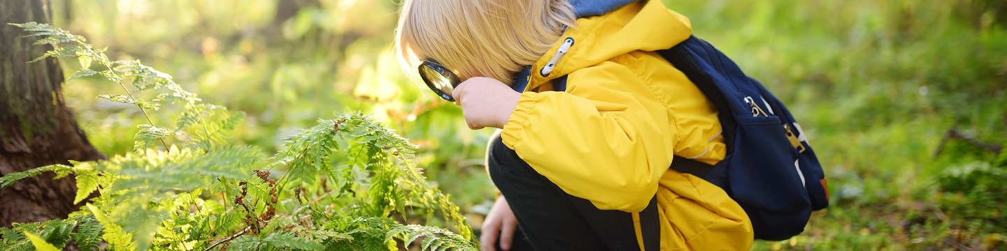 Child looking at nature with magnifying glass