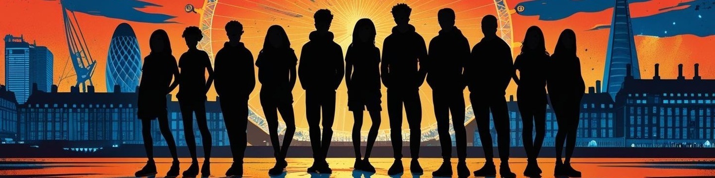 Silhouette of young people standing in front of the city of London