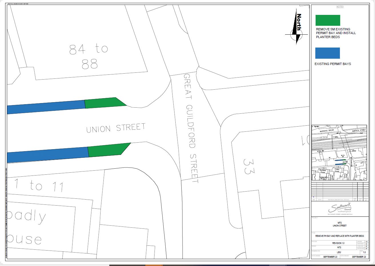 Diagram of proposed location of planters on Union Street